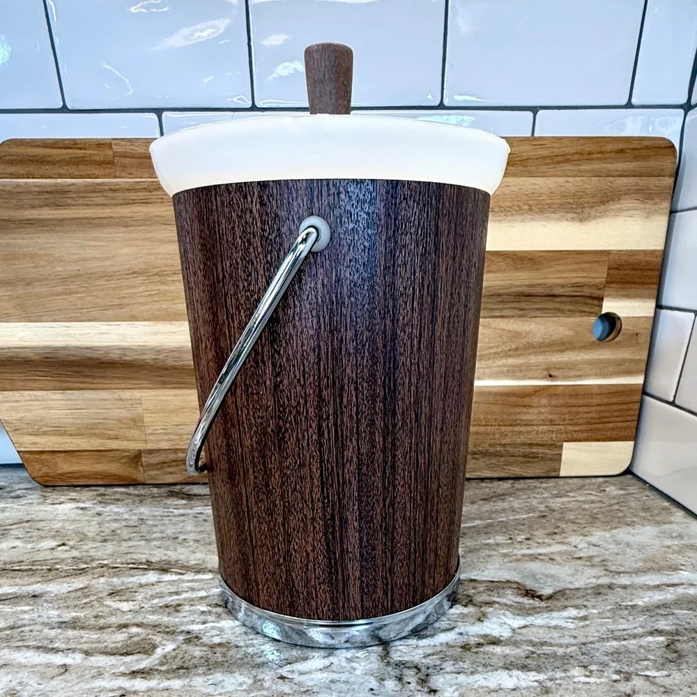 🧊 Vintage Kromex Faux Wood Ice Bucket w/ Silver Tongs — Mid‑Century Charm! 🍸
